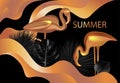 Summer banner with gold flamingos and tropical leaves and liquide colorful substance.